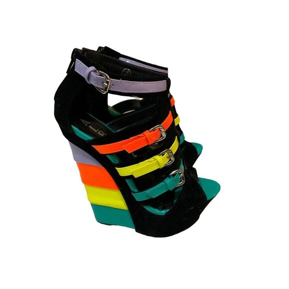 Alba Candy Neon Colorful Velvet Leather Buckle Strap Women's Sz 5.5 Wedge Sandal - Picture 1 of 10